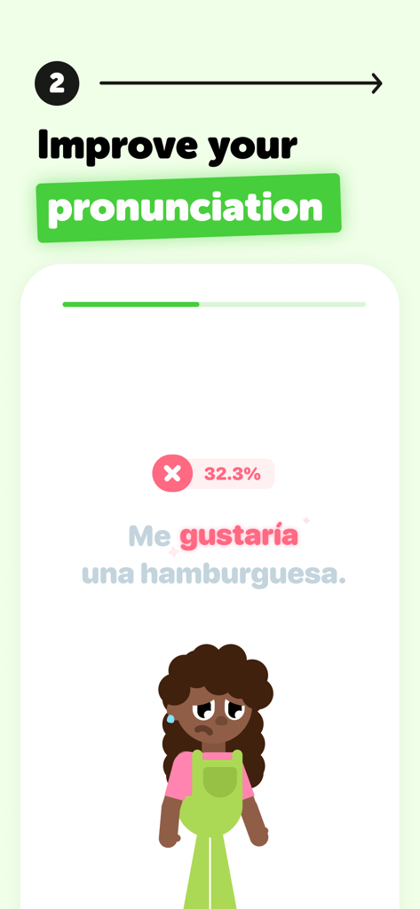 Falou - Fast language learning - Falou app interface showing AI feedback and accuracy score for Spanish pronunciation