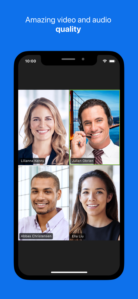 Smartphone screen showing a Zoom for BlackBerry video conference with four professionals in a grid view