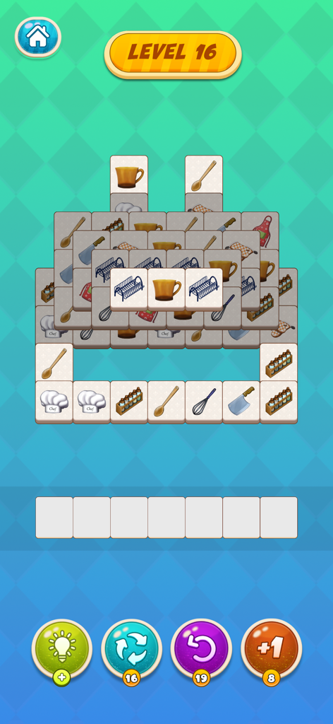 Kitchen Match - Level 16 of Kitchen Match puzzle game showing kitchen utensil tiles.
