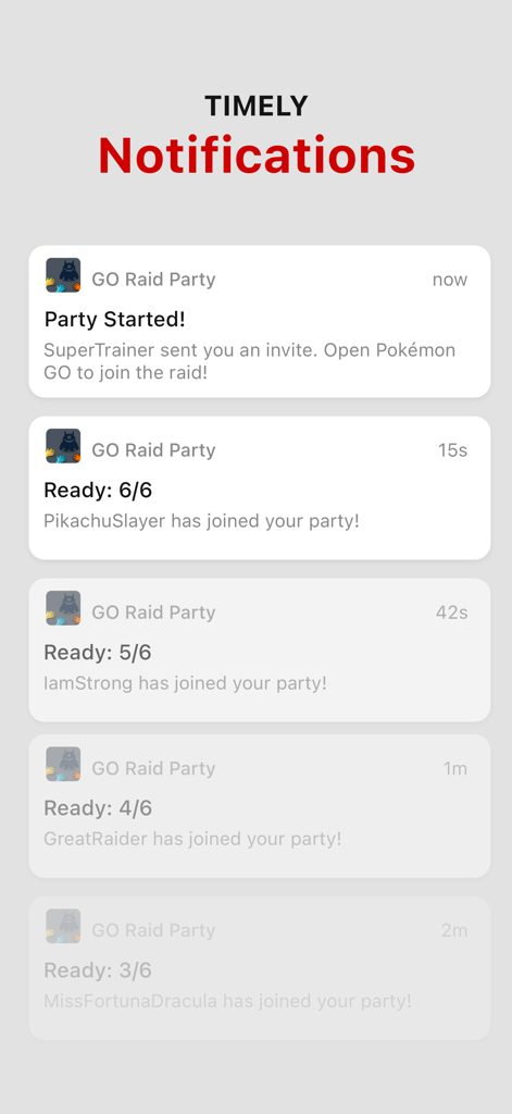 Mobile app notifications showing real-time updates for joining and starting a Pokémon GO raid party