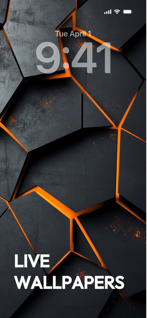Wallpapers App for iPhone - iPhone lock screen showing a dark 3D geometric live wallpaper with glowing orange light in the cracks