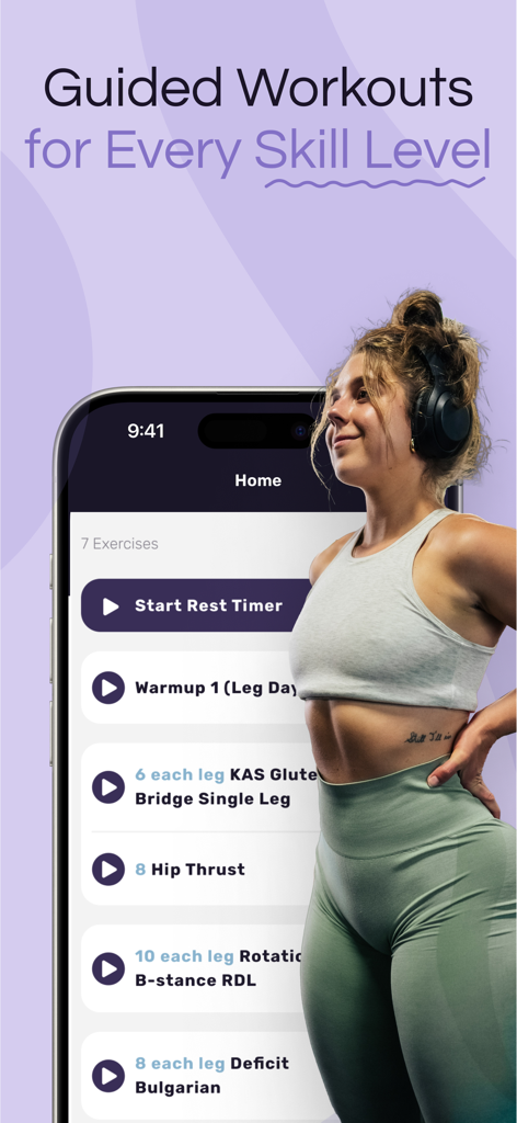 Sculpt You: Women's Fitness - A woman wearing headphones stands next to a smartphone showing a list of guided leg day exercises in the Sculpt You fitness app.