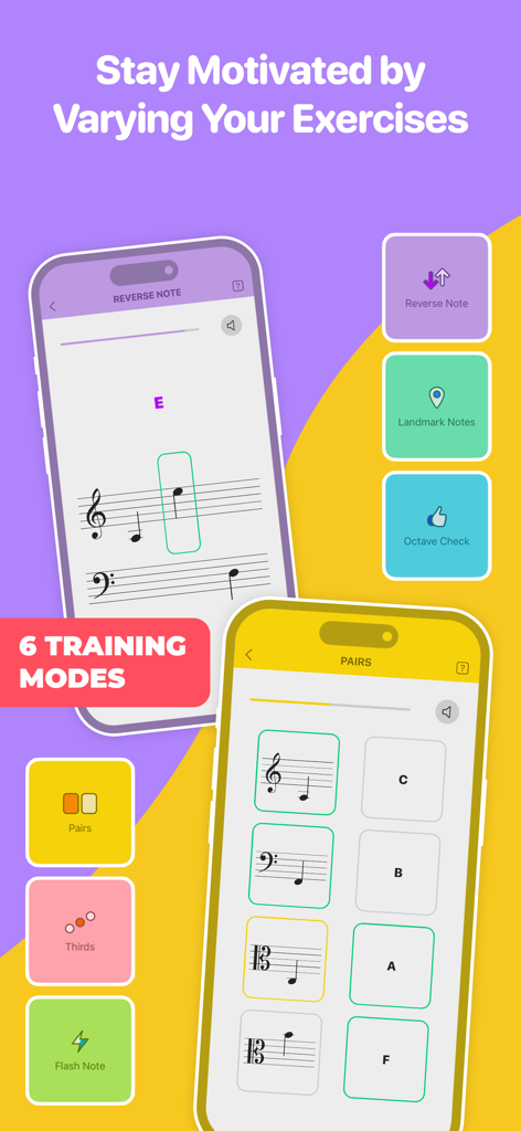 Notaforte: Sight Reading Tutor - Notaforte app interface showing different training modes for learning to read music notes.