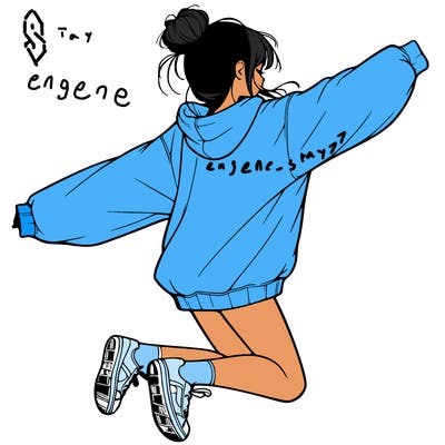 realistic girl jumping with a bun and oversized sweatshirt