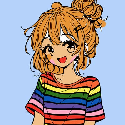 anime girl teenager striped shirt and smile and messy bun