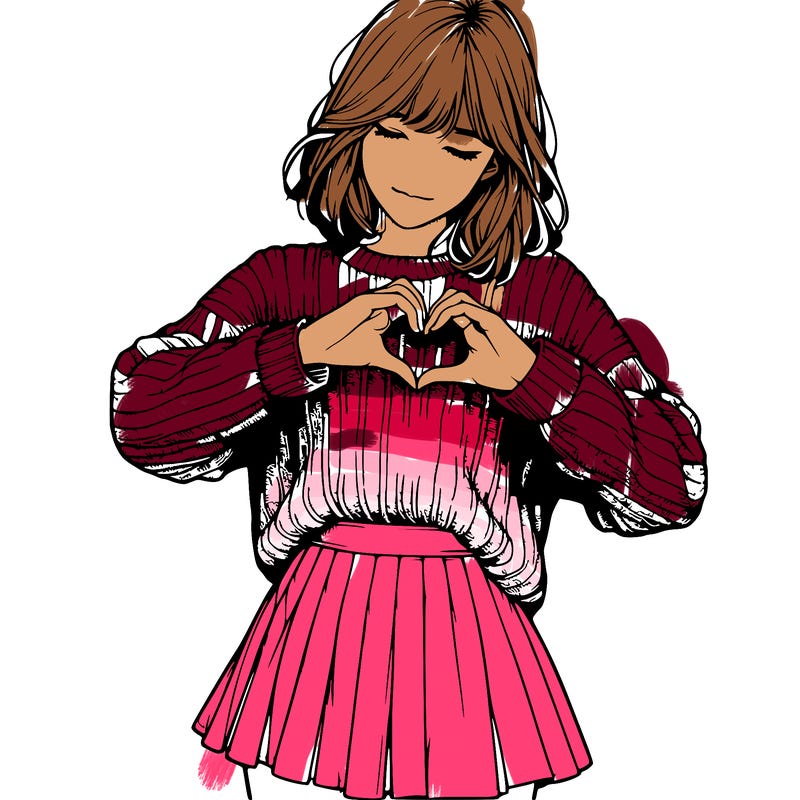 realistic girl in sweater and skirt making a heart with her hands