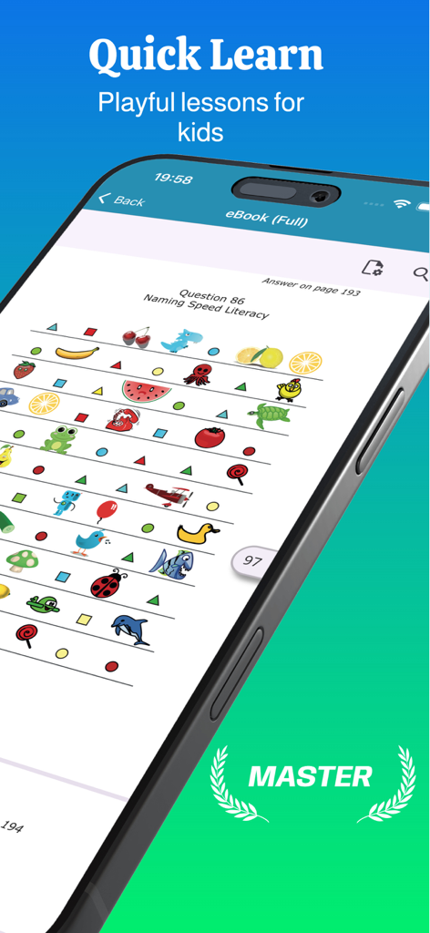 Smartphone screen displaying a naming speed literacy lesson with various icons for child cognitive testing
