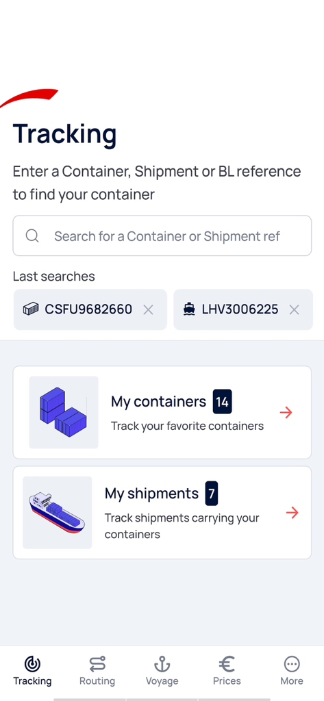Mobile interface of the APL Shipping app showing shipment tracking and search options.