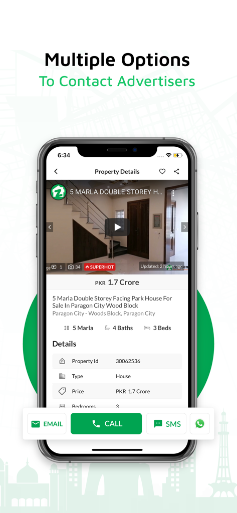 Zameen: No. 1 Property Portal - Zameen app property details page with contact buttons for email, call, sms and whatsapp.