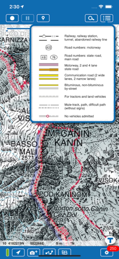 TABACCOmapp - Topographic map legend in the TABACCOmapp app showing symbols for hiking paths and roads in the Italian Alps