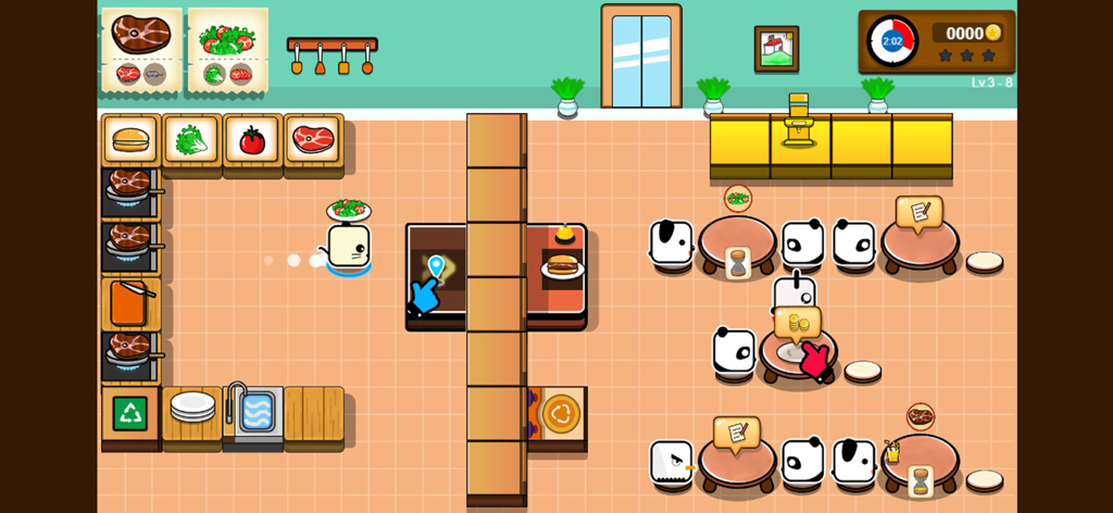 PKKP : CookDuo 2 player game - Una pantalla dividida que muestra un chef y un camarero trabajando juntos en el juego de restaurante PKKP CookDuo