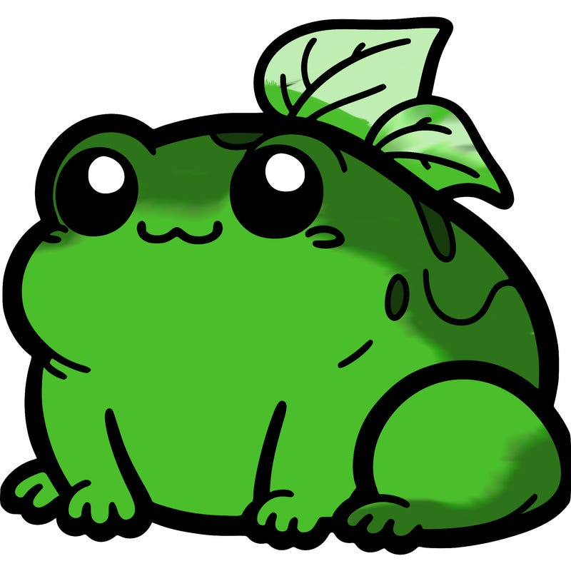 a chubby frog with a little leaf on its head