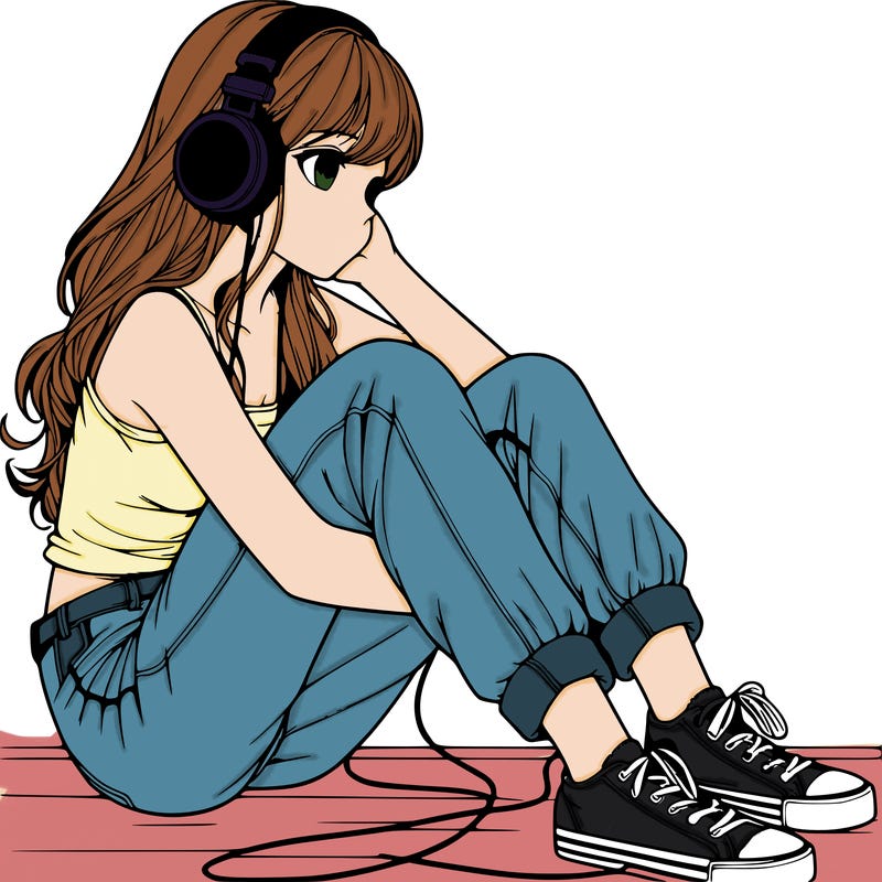 realistic girl sitting on the ground listening to music
