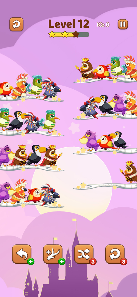 Bird Sort 2 Color Puzzle Game - Gameplay screen of Bird Sort 2 showing colorful birds on branches for a sorting puzzle.
