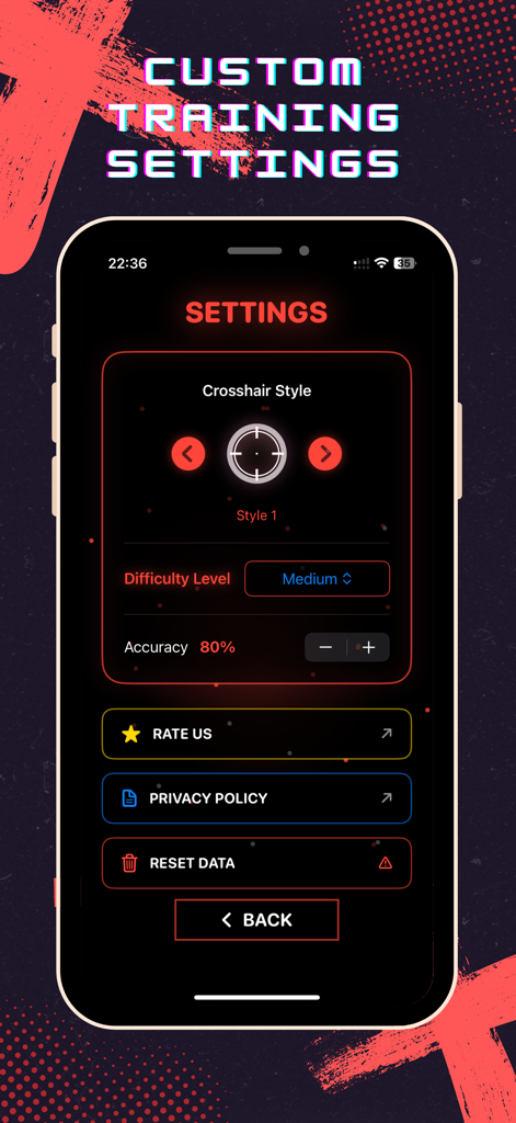 FF Aim Master – Reflex Trainer - Pantalla de configuración de la aplicación FF Aim Master que muestra la selección del estilo de mira, el nivel de dificultad y la configuración de precisión