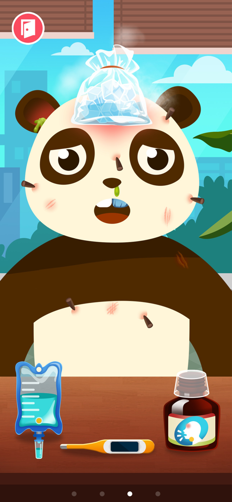 An injured panda character with an ice pack and medical tools in a doctor simulation game for kids