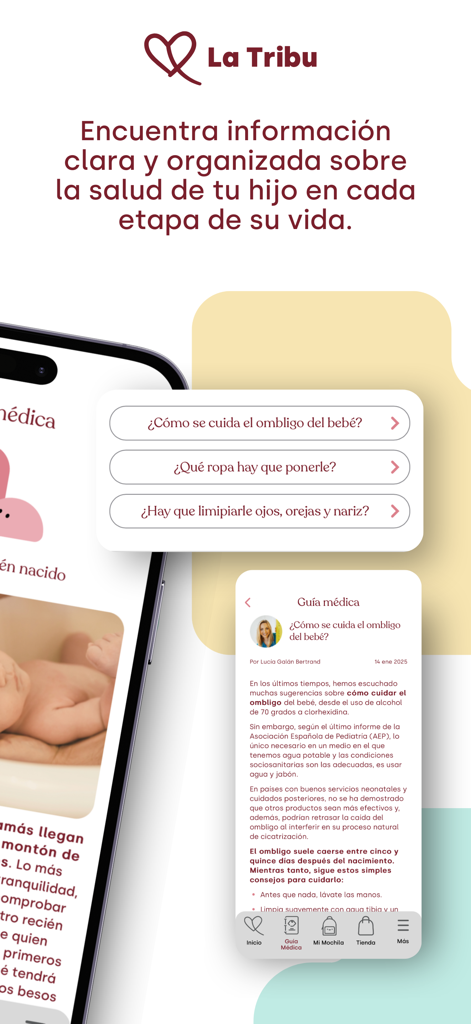 La Tribu de Lucía mi pediatra - Interfaccia dell'app La Tribu che mostra guide mediche e consigli per la cura dei neonati