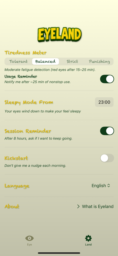 La pantalla de configuración de la aplicación Eyeland mostrando opciones para el medidor de cansancio, recordatorios de uso y modo de sueño.