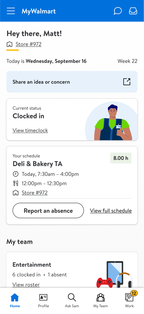 MyWalmart - Home screen of the MyWalmart app for an employee showing their current status as clocked in and their work schedule.