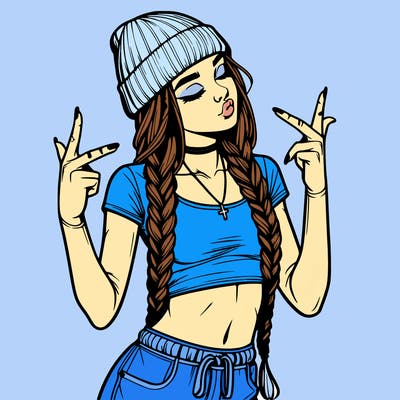 realistic teenage girl with braids and a beanie and crop top doing 🫶🏼