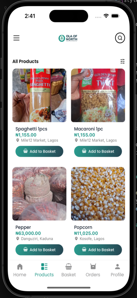 Ola of north - Pantalla de la aplicación de compras Ola of North mostrando productos y precios de comestibles con menú de navegación
