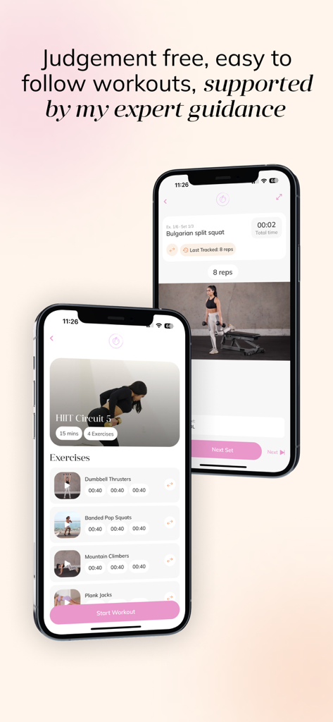 Dani Munoz Fit - Two iPhone screens displaying the Dani Munoz Fit app, showing a HIIT circuit exercise list and a guided workout session for Bulgarian split squats.