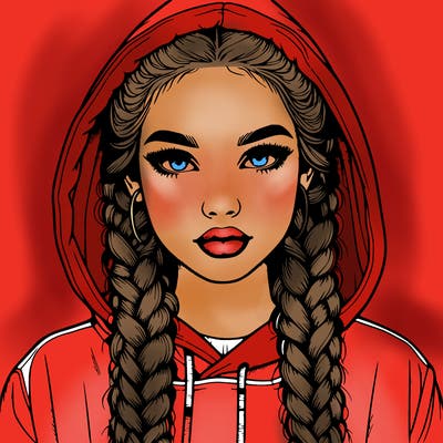 realistic girl with braids and a hoodie with the hood covering her head
