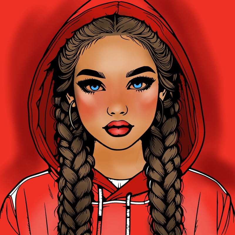 realistic girl with braids and a hoodie with the hood covering her head
