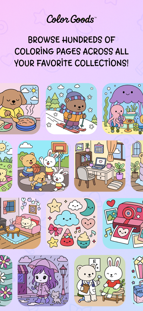 Color Goods™ - Coloring Games - Grid of cute and cozy coloring pages featuring animals and lifestyle illustrations