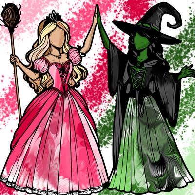detailed realistic split of a princess and a witch