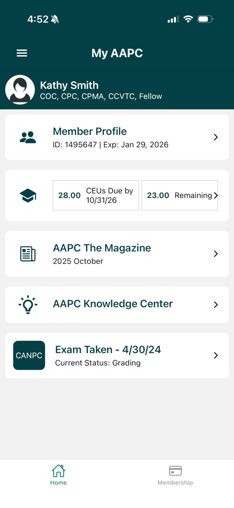 My AAPC - Home screen of the My AAPC app showing membership details CEU progress and exam status