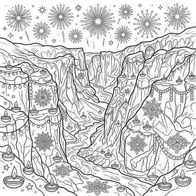 Journey into a breathtaking landscape where the grandeur of glacial canyons meets the luminous celebration of Diwali. This unique coloring page invites you to bring a vibrant fusion of nature and festivity to life with your favorite colors.