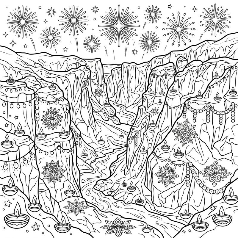 Journey into a breathtaking landscape where the grandeur of glacial canyons meets the luminous celebration of Diwali. This unique coloring page invites you to bring a vibrant fusion of nature and festivity to life with your favorite colors.