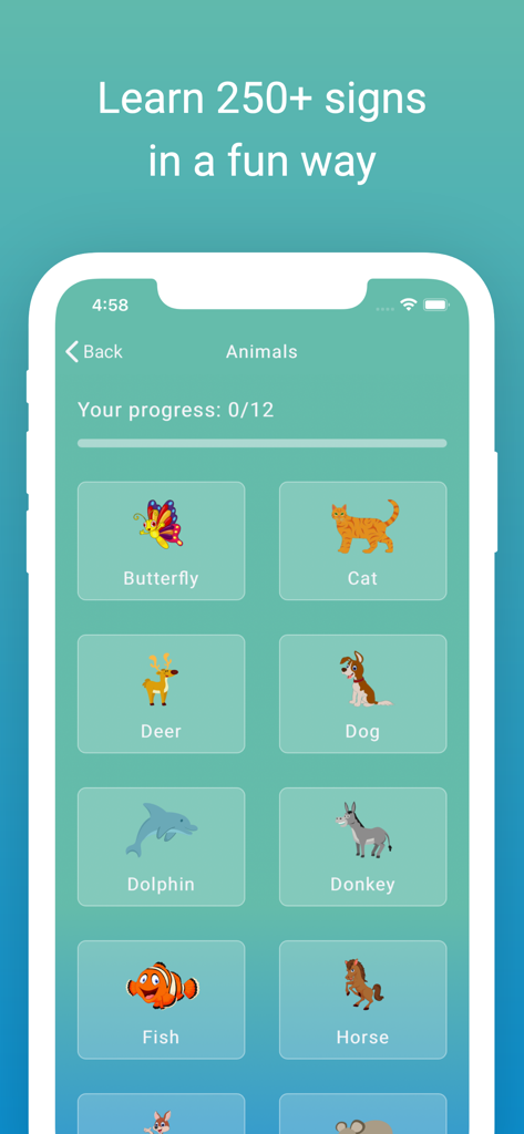ASL Kids - School - Oberfläche der ASL Kids School App, die die Kategorie Tiervokabular mit bunten Tiermotiven wie Katze, Hund und Fisch zeigt