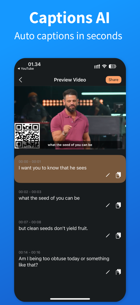 Captions AI ™ - Interface móvel do Captions AI mostrando legendas geradas automaticamente para um clipe de vídeo com marcações de tempo e botões de edição.