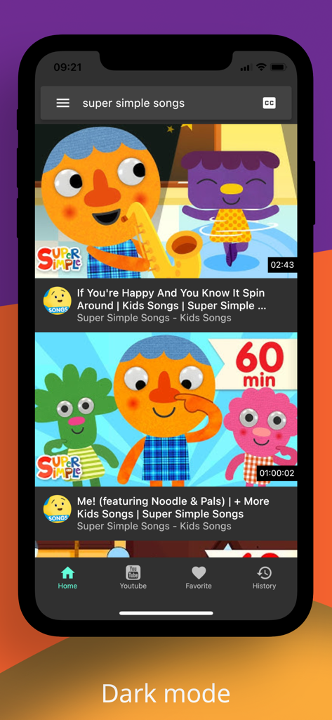 zTranslate - Translate Youtube - Interfaz de la aplicación zTranslate en modo oscuro mostrando resultados de búsqueda de YouTube para canciones educativas
