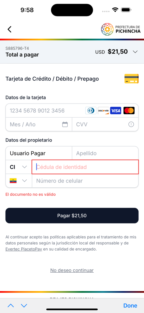 Peajes Pichincha V2 - Pantalla de pago de la aplicación Peajes Pichincha V2 que muestra los detalles de la tarjeta de crédito y los campos de información del titular para las recargas de peaje.