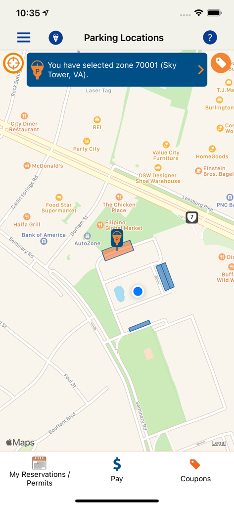 Map view of the Pango Parking app showing a selected parking zone and nearby landmarks on a city map.