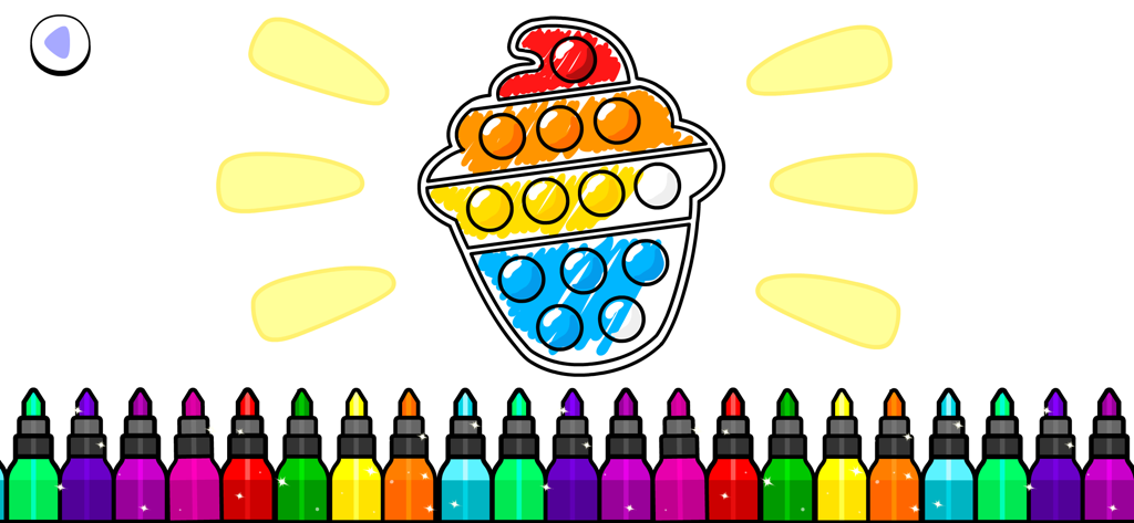 A digital coloring page of a cupcake pop-it toy with a row of colorful markers at the bottom