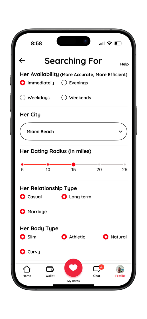 Advanced search filter screen for matching preferences including availability location and relationship type on the Date.com app