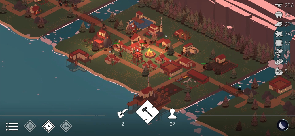 The Bonfire 2 Uncharted Shores - Isometric view of a coastal settlement at night featuring a central bonfire and resource management icons
