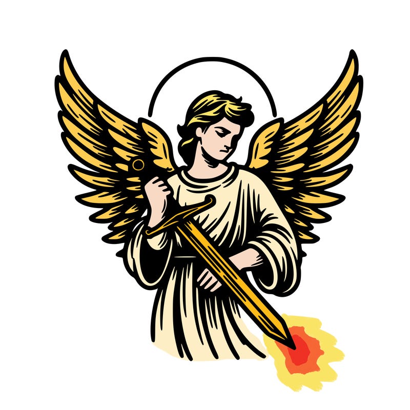 a realistic angel  whith a sword