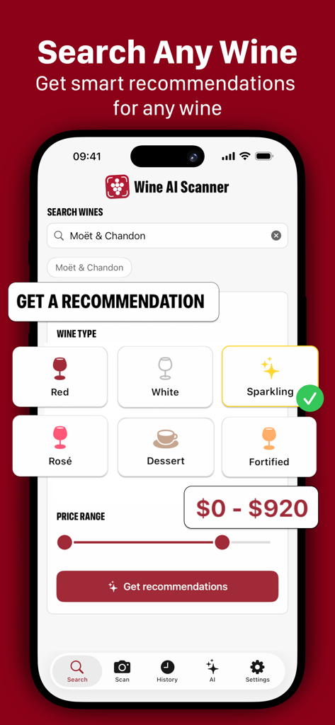 Wine AI mobile app search screen showing wine category selection and price range slider for personalized recommendations.