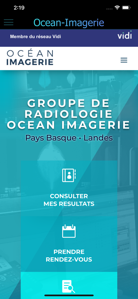 Ocean Imagerie radiology app home screen with appointment and medical results buttons