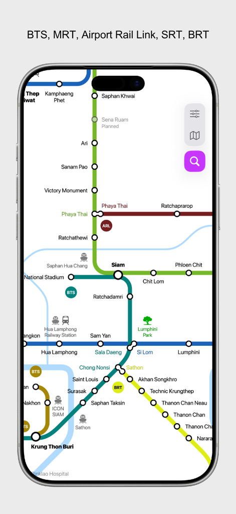 Bangkok City Metro - Bangkok City Metro app interface displaying the integrated transit map for BTS and MRT lines.