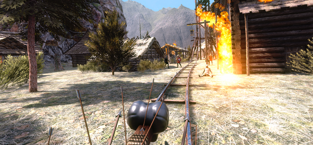 A first person view of a medieval themed roller coaster ride with explosions and knights