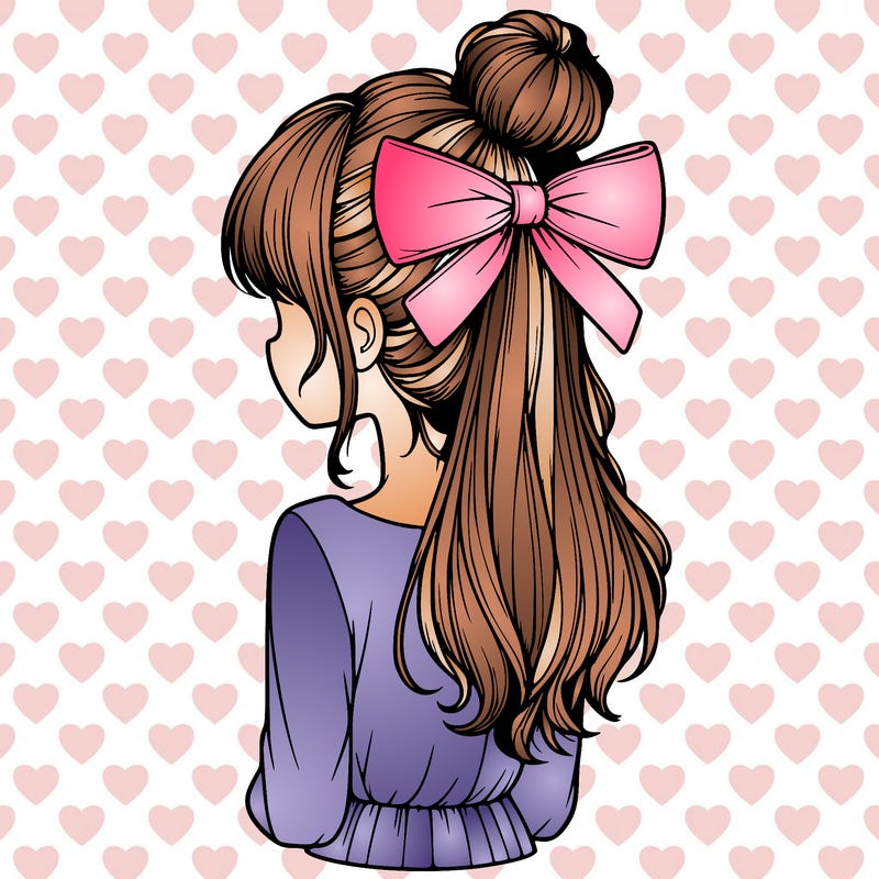 realistic girl  with hip length hair a bun and a big bow on the back of head