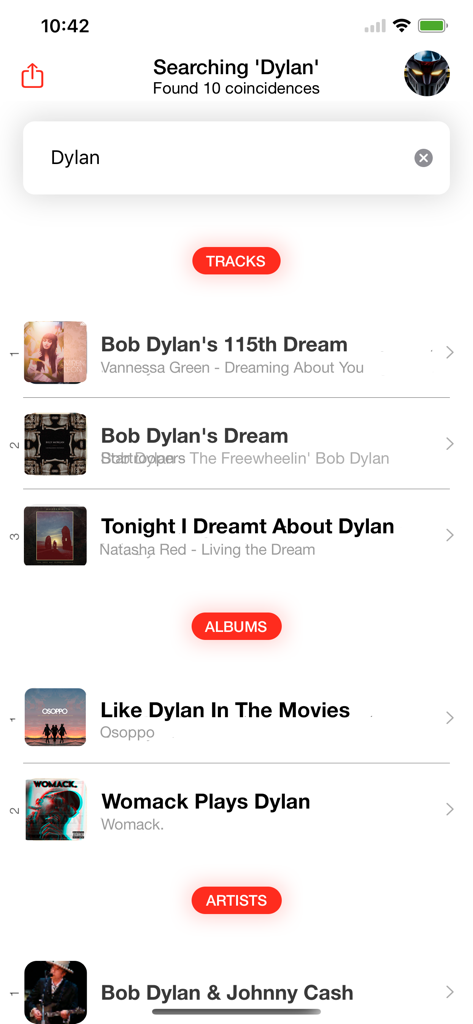Resultados de búsqueda de la aplicación Trax Scrobbler categorizados por pistas, álbumes y artistas