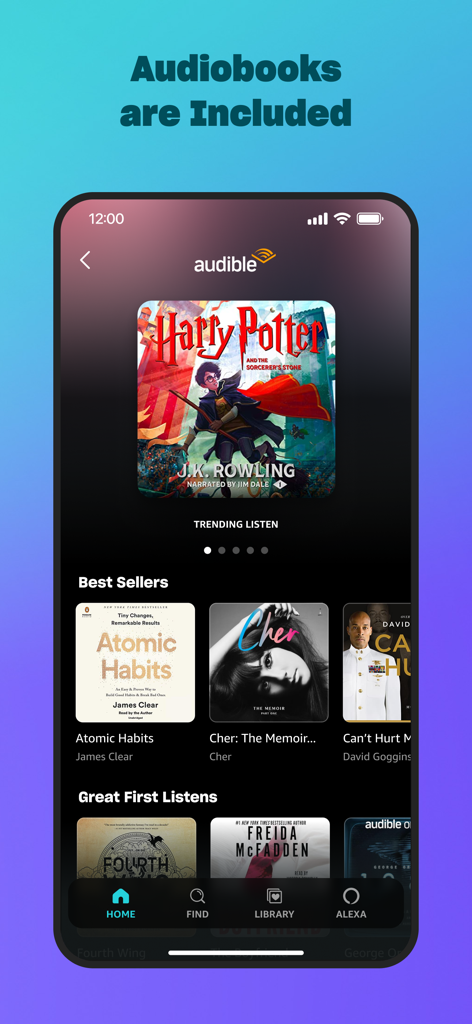 Amazon Music app interface showing integrated Audible audiobooks and trending titles like Harry Potter