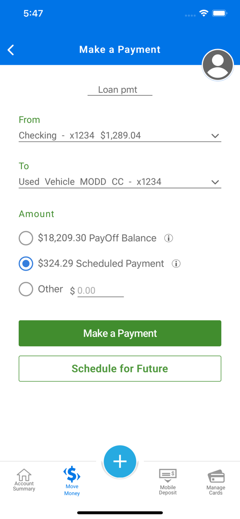 RBFCU - RBFCU mobile app interface for making a loan payment from a checking account to a vehicle loan
